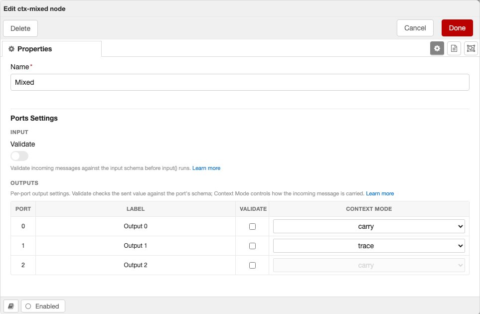 The Outputs table's Context Mode column — ports 0 and 1 have schema defaults so their dropdowns are editable; port 2 has none and is locked to carry, disabled