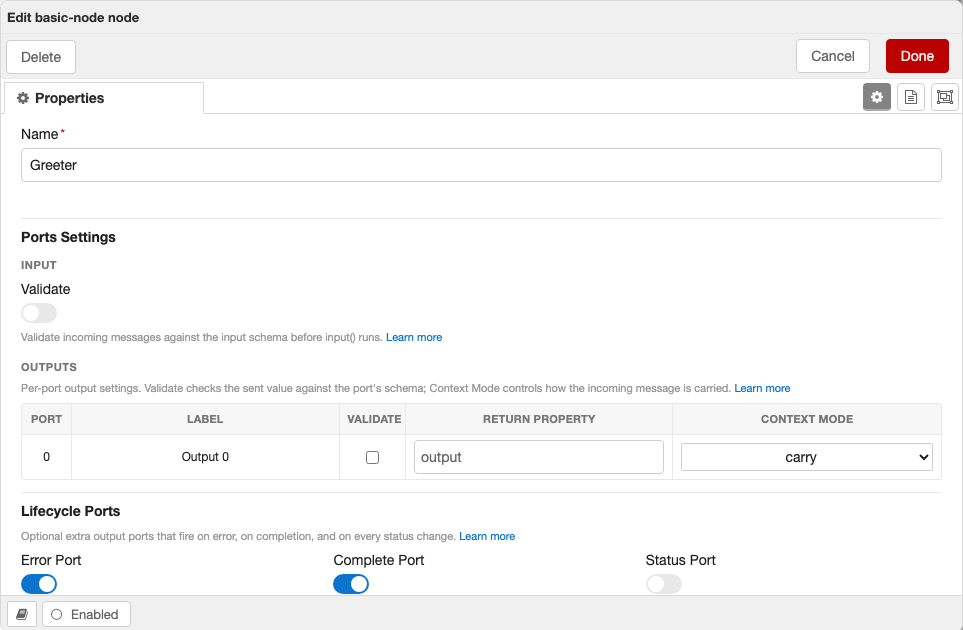 The generated editor form, showing the per-port Outputs table