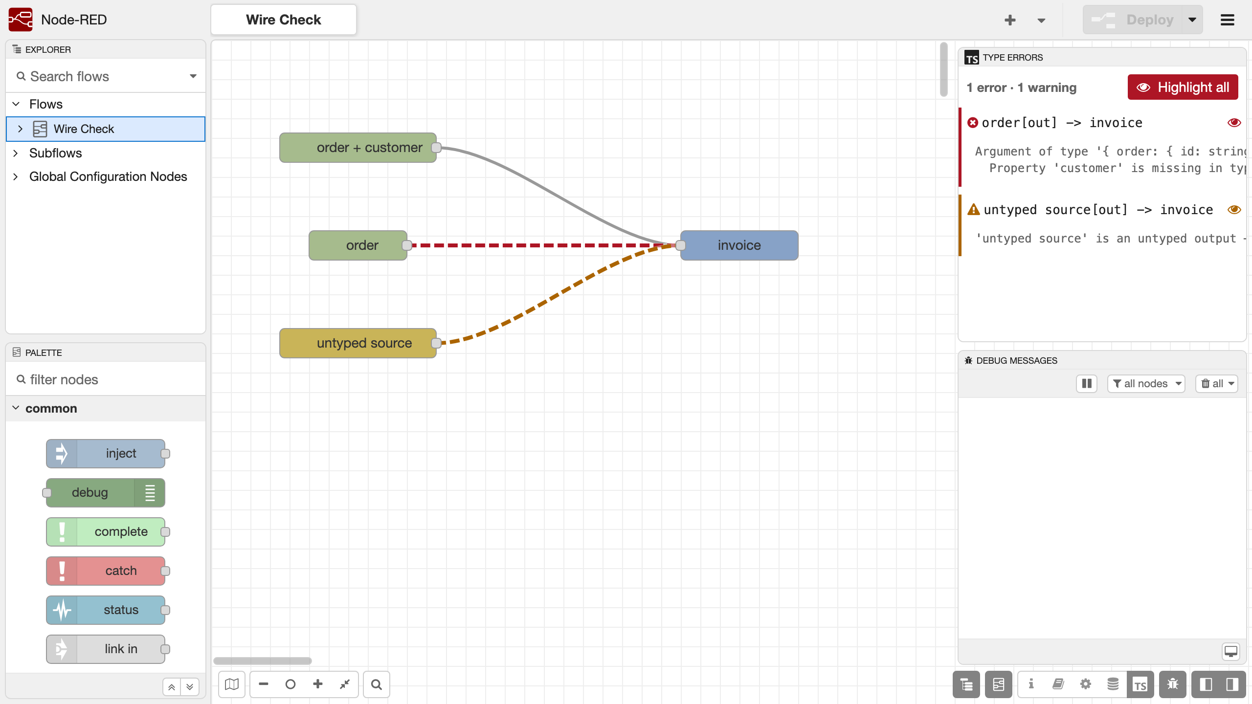 The editor with Highlight all enabled — the failing connection drawn red-dashed and the unchecked one yellow-dashed, valid wires untouched