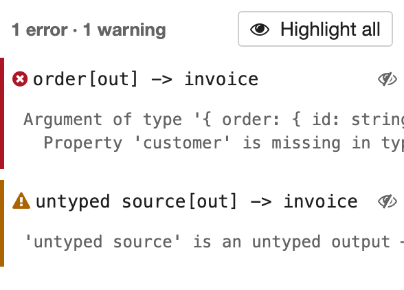 The Type errors sidebar tab listing a failed connection and an unchecked-boundary warning, each with its TypeScript message, plus a Highlight all button